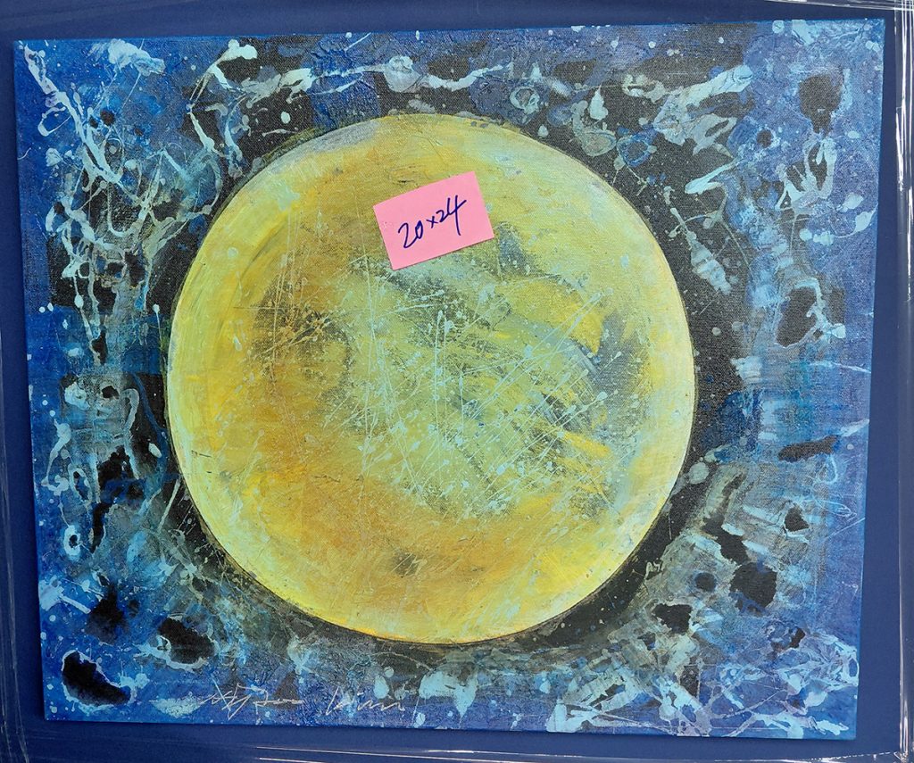 Painting of a yellow circular moon-like form against a blue background.