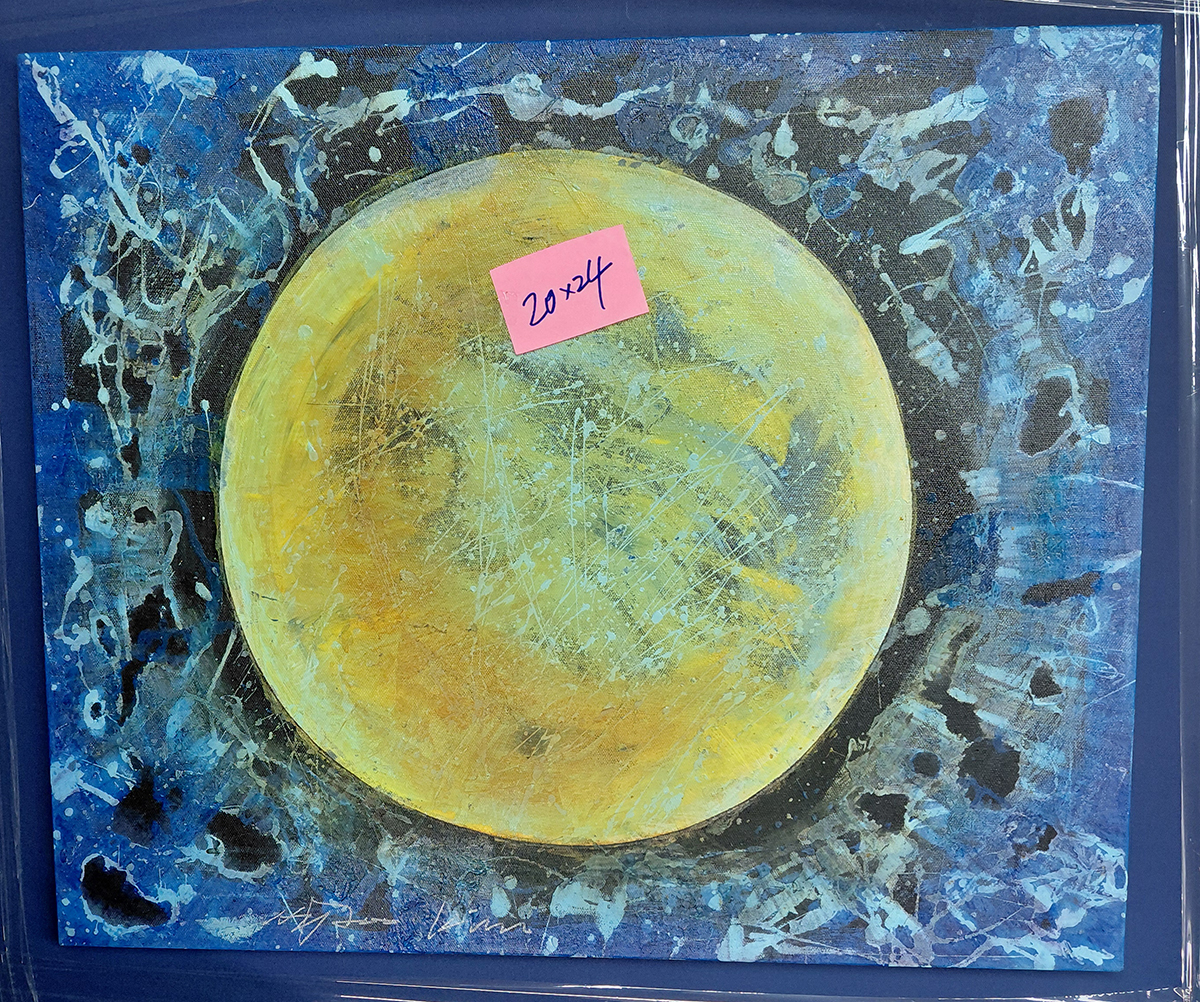Painting of a yellow circular moon-like form against a blue background.