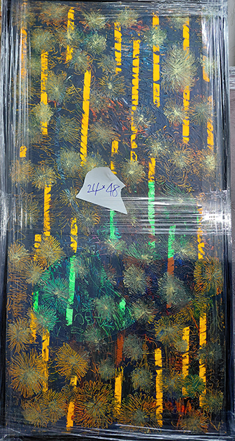 Vertical abstract painting with yellow and green linear marks against a dark background.