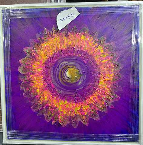 Painting of a radiating orange and yellow circular flower-like form against a purple background.