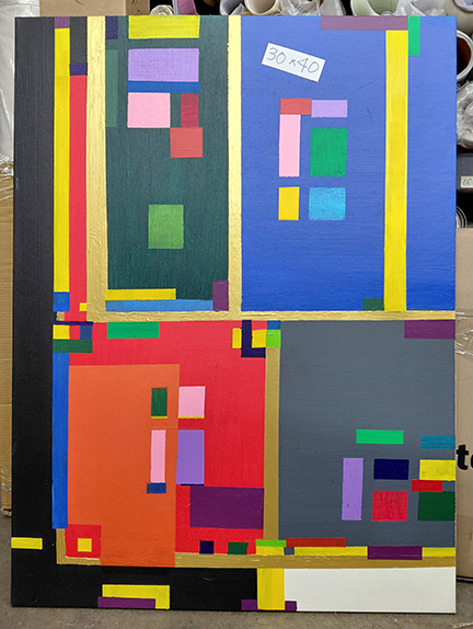 Geometric painting with red, yellow, green, and blue rectangular forms.